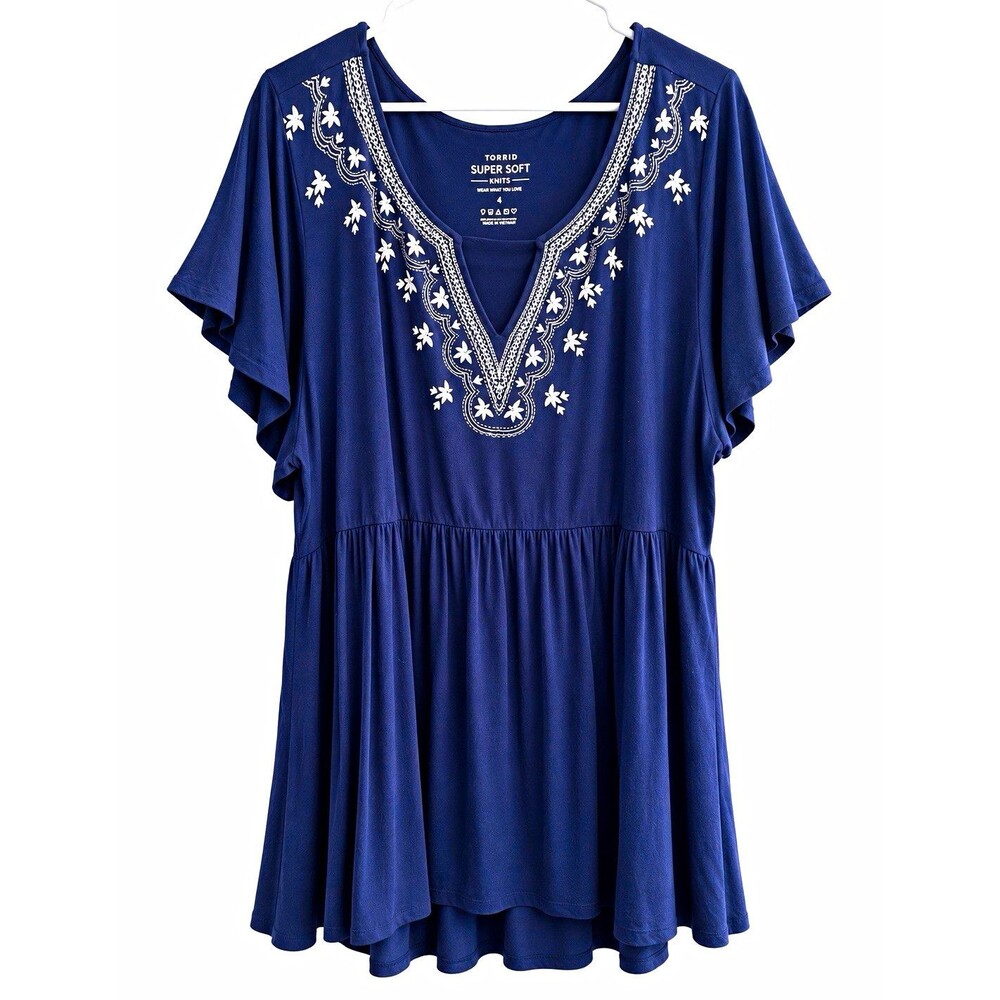 Torrid Women’s Plus Size 26 Navy White Embroidered V-Neck Flutter Tunic Top